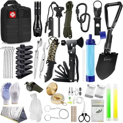 Produktbild von AuRiver Außen Notfall Survival Kit mit Camping Zubehör, Outdoor Ausrüstung Jagdmesser Multitool Hammer Axt Wasserfilter Outdoor, Personalisierte