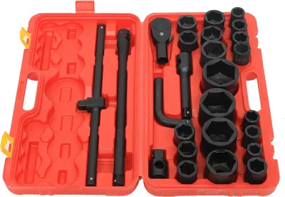 Obrázek produktu pro Sada nástrčných klíčů - 26 dílů - 1,9 cm a 2,54 cm čtvercové - 21-65 mm nástrčné hlavice - Do auta - Úložný kufřík - Červený