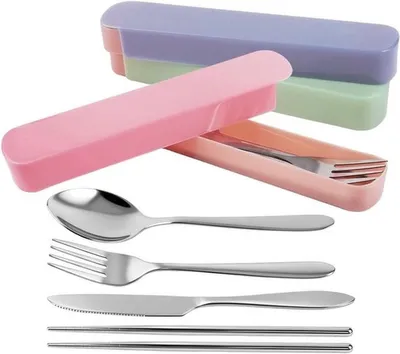 Set aus 3 RVS Reisebesteck mit Etui - Besteck für Camping, Schule und Reisen - Löffel, Gabel und Messer