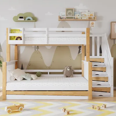 Produktbild von okwish Etagenbett Stockbett 90x200cm&120x200cm mit Rollbett 90x190cm, Hochbett mit Rausfallschutz, Holzbett Kinderbett Bettgestell, Weiß+Natur