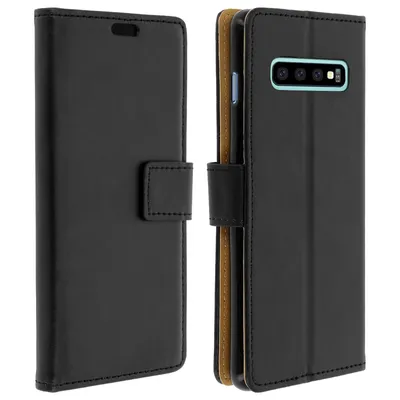 A black flip-cover wallet case for a smartphone is shown from two angles against a white background.