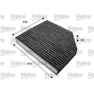 A cabin air filter with dimensions indicated.