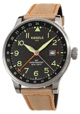 Produktbild von Kienzle Herren Armbanduhr GMT Schweizer Ronda Quarz Saphirglas 45 mm Mattschwarz Zifferblatt Cordura Lorica Armband 10 ATM Datum