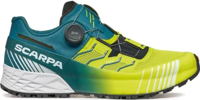 Trailrunning-Schuhe "Ribelle Run Kalibra HT" von Scarpa in leuchtendem Gelb und Blau; mit BOA-Verschlusssystem.