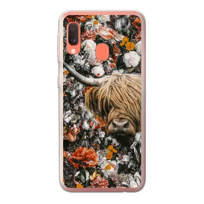 Produktbild von MuchoWow® Handyhülle Schutzhülle Hülle für Samsung Galaxy A20e Schottischer Highlander - Blumen - Orange Silikon Softcase Handy Hülle - Abdeckung