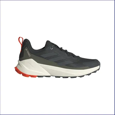 A side view of a black Adidas Terrex trail running shoe with white and red accents.