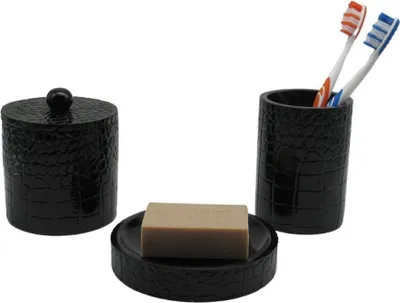 Produktbild von 3tlg Set Bad Accessoires  Kosmetikdose Zahnbürstenhalter Seifenschale  Kroko schwarz
