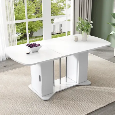 Produktbild von Abrihome Ausziehbarer Esstisch 120/160x80 cm mit Stauraum und Versilberte Beine, für 4–6 Personen, Weiß