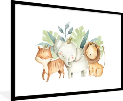 Produktbild von MuchoWow® Gerahmtes Poster Dschungel - Elefant - Fuchs - Löwe 90x60 cm - Poster mit Schwarzem Bilderrahmen Wandposter Rahmen Foto Bilder - Wanddekoration - Fotos