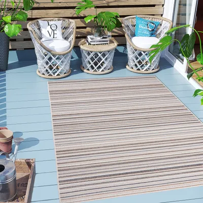 Produktbild von Carpeto Rugs Streifenmuster Outdoor Teppich Wetterfest für Balkon, Terasse - Balkon Teppich Wasserfest - Outdoorteppich Wetterfest - Aussenteppich Terrasse Groß - Beige - 80 x 150 cm