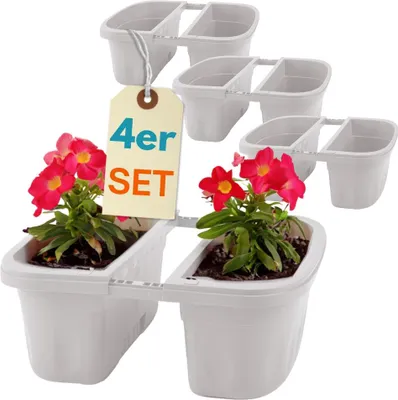Produktbild von 4er Set Blumenkasten Balkongeländer Beidseitig Balkon Blumenkasten Doppelseitig Balkonkasten mit Halterung Geländerkasten mit Wasserspeicher Weiß 40 cm
