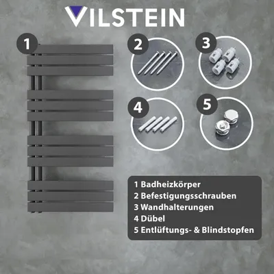 Produktbild von VILSTEIN Badheizkörper elektrisch, Handtuchheizkörper seitlich offen, Handtuchtrockner Bad, Wandheizkörper, Handtuchheizung Badezimmer, Heizkörper Handtuchhalter, Schwarz, 120x60 cm