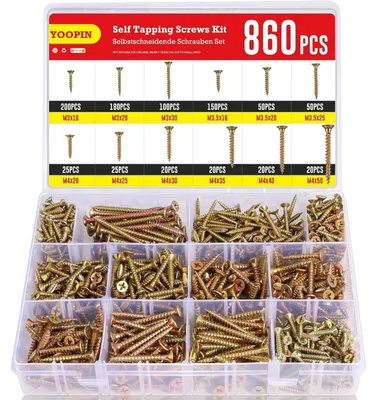 Immagine prodotto di Set di viti per legno, 860 pezzi, M3, M3.5, M4, a testa svasata, zincate, autoperforanti, con testa a croce Phillips