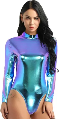 Produktbild von Damen Metallic Body Gr. XXL Rollkragen Langarmige Body Glänzend Top Shirt Trikot Leotard Tanz-Kostüm