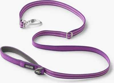 A purple dog leash with striped accents and a metal clasp is laid out on a white background.