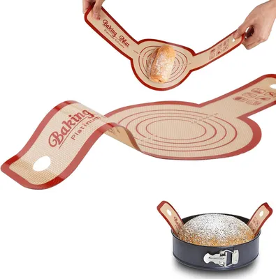 Produktbild von Silikon-Backmatte für Bräter, antihaftbeschichtete Backmatte für Brot, wiederverwendbare Silikon-Backmatte mit langen Griffen für Heißluftfritteusen und Hobbybäckereien.