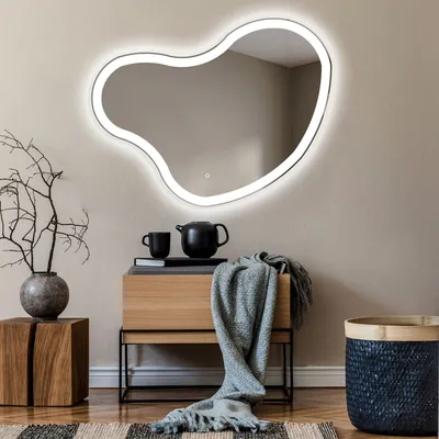 Produktbild von Unregelmäßiger asymmetrischer Spiegel mit LED Beleuchtung 104x84 cm - mit LED Beleuchtung - LED Farbe Kaltweiß 7000K - Individuell Nach Maß - Beleuchtet Wandspiegel Lichtspiegel Badezimmerspiegel - Sensor Schalter - NER222
