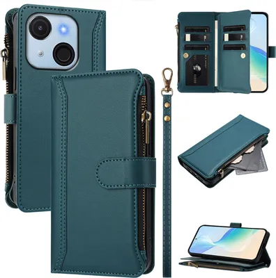Immagine prodotto di Custodia per Itel A50C, con cerniera, portafoglio Custodia flip in Finto cuoio con tasche per carte, supporto e passante per la mano verde