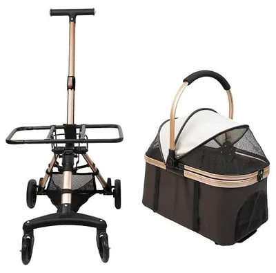 Imagen del producto de Carrito plegable para perros, transportador para mascotas, carrito para perros con jaula transportadora desmontable, compartimento de almacenamiento y ventanas de malla, plegable, hasta 20 kg (marrón)