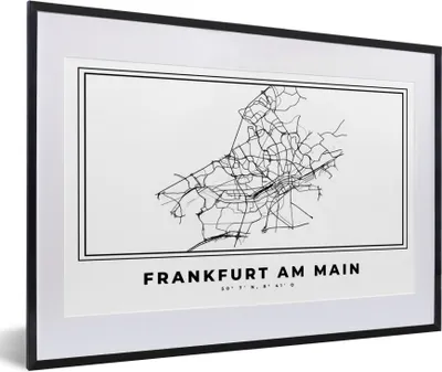 Produktbild von MuchoWow® Gerahmtes Poster Deutschland - Frankfurt am Main - Stadtplan - Karte - Schwarz-weiß - Karte 60x40 cm - Poster mit Schwarzem Bilderrahmen Wandposter Rahmen Foto Bilder - Schlafzimmer - Plakat in Rahmen - Drucken