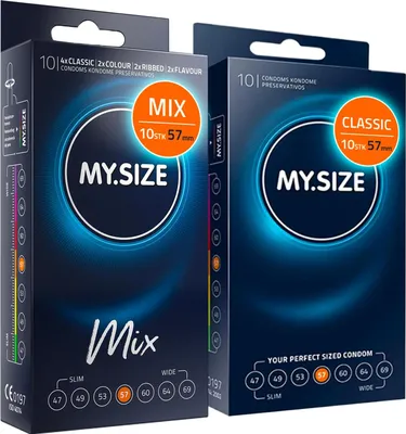 Produktbild von MY.SIZE Mix SET Größe 4, 57 mm: 10 Classic Kondome + 10 Kondome in 4 aufregenDen Sorten, mit Aroma, Farbe, Genoppt & Classic