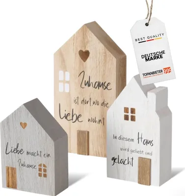 Produktbild von TOPANBIETER 999 Dekoaufsteller 3er Set Holz Häuser Tischdeko Schriftzug bemalt grau, weiß, natur