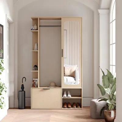 Produktbild von Garderobe mit Spiegel ELIOR rechts, Eiche Bookmatch, moderner Flurschrank mit Stauraum, Kleiderstange und Ablagen