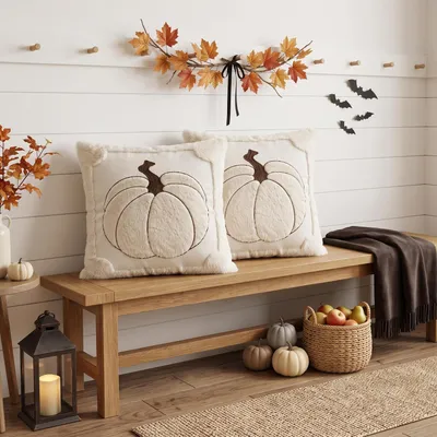 Produktbild von Kissenbezüge Herbst 45 x 45 cm 2er Set Beige Kürbis Plüsch Jacquard