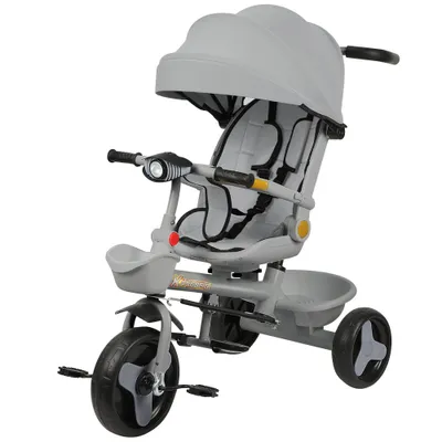 Produktbild von Dreirad 4in1 Kinderdreirad mit Schubstange,Buggy Fahrrad Kinderwagen mit Musik und Licht, Drehbarer Sitz, ab 1 Jahr (Grau)