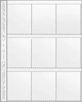 A flat lay of a clear plastic sheet protector with multiple pockets, designed for organizing documents or collectibles.