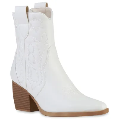Produktbild von VAN HILL Damen Stiefeletten Cowboy Boots Trichterabsatz Stickereien Schuhe 837779, Farbe: Weiß, Größe: 36
