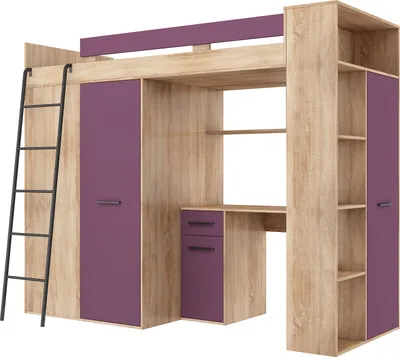 Produktbild von Hochbett VERANA L (Links) Etagenbett Entresole Bett 90x200 Kleiderschrank Regal Treppen SONOMA EICHE / VIOLETT