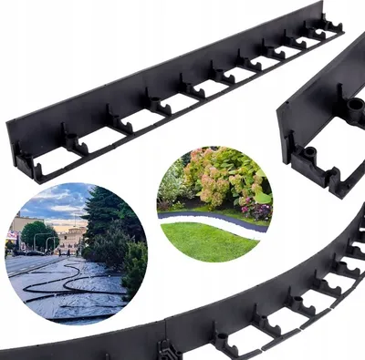 A collage of images showing black plastic lawn edging, a landscaped garden bed, and a street with landscaping work in progress.
