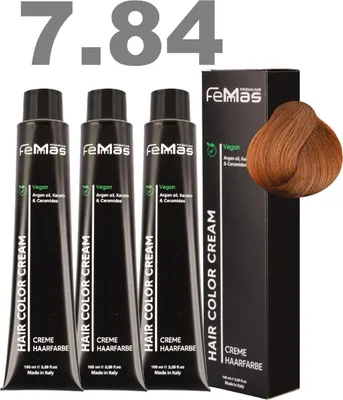 Produktbild von FemMas Haarfarbe mit Arganöl Mittelblond Amber Kupfer 7.84 | 3x100 ml