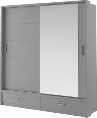 Produktbild von Furniture24 Schwebetürenschrank Kleiderschrank Schiebetürenschrank AR-05 ARTI Garderobenschrank mit Spiegel 2 Schubladen und Beleuchtung Grau Matt, 200 cm breit