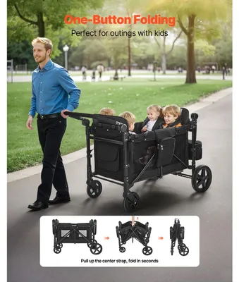 Image de Poussette double pour 4 enfants, buggy pliable avec poignée réglable, harnais de sécurité à 5 points et capote amovible, chariot de transport pour camping, noir (capacité de charge de 150 kg)