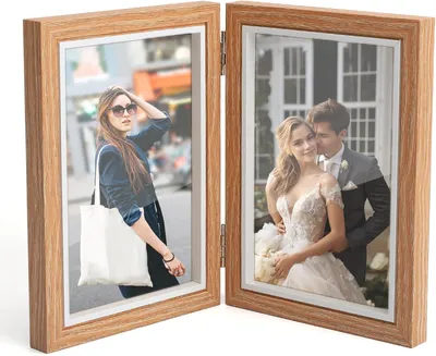 Image de Cadre photo double rabattable en bois, dimensions 10 x 15 cm, idéal pour le salon
