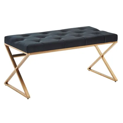Produktbild von Sitzbank Samt Schwarz 90x46x44 cm Flur Polsterbank mit Metallgestell, Bettbank Schlafzimmer Chesterfield Design, Flurbank Garderobenbank Modern