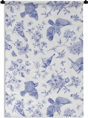 Produktbild von MuchoWow® Wandteppich Wandbehang Vintage - Vogel - Blumen - Blau 120x180 cm Tapisserie Dekoration Wandtuch - Schlafzimmer - Dekorationen für das Haus