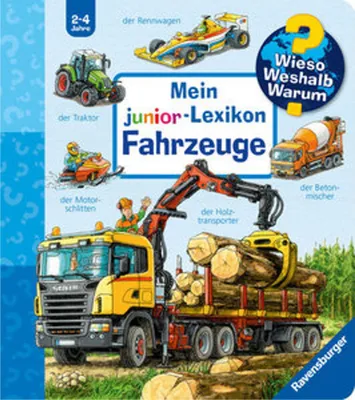A collage of different vehicles, including a race car, tractor, snowmobile, cement mixer, and a logging truck, with text labels and a question mark graphic.