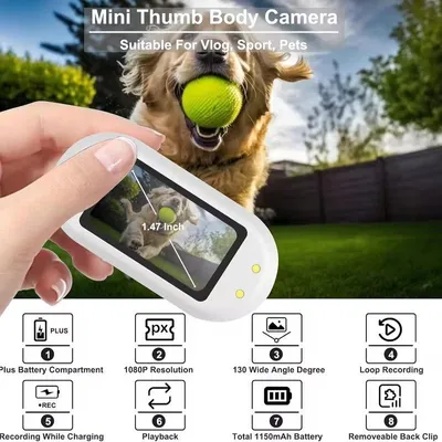 Produktbild von Magnetisch aufladbare Daumenkamera HD 1080p Mini-Action-Cam für Haustiere, Reisen und Radfahren – tragbare Sport-Vlog-Kamera im Taschenformat