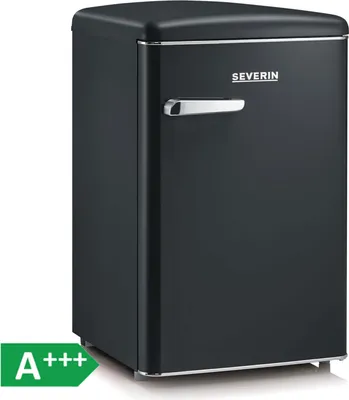 A black retro-style mini-fridge with a silver handle and a prominent 'A+++' energy efficiency rating label in the lower-left corner.