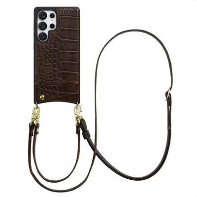 Obrázok produktu pre Selencia Nova Croco puzdro na mobilný telefón s šnúrkou a držiakom na karty Samsung Galaxy S25 Ultra - Choco Brown