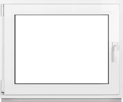 A white window frame with a clear glass pane, set against a white background. The window has a handle on the right side.