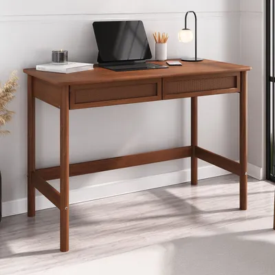 Produktbild von Schreibtisch RODRIGO 110cm breit, Kastanien farben - Bürotisch aus Massivholz mit 2 geräumigen Schubladen in Rattan Optik - Computertisch mit Stauraum, PC Tisch, Laptoptisch, Arbeitstisch