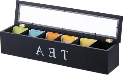 Produktbild von Famanu Teebox 6 Fächer Bambus Aufbewahrungsbox für Tee - 9 x 43,5 x 9 cm - Kaffeepadbox mit schwarzem Deckel