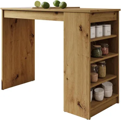 A wooden kitchen table with shelves on the side, displaying jars and containers.