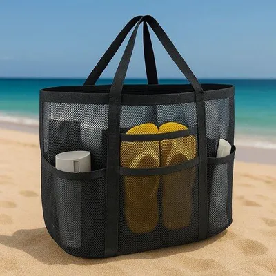 Zdjęcie produktu dla Torba plażowa z siateczki – duża torba plażowa, idealna dla całej rodziny, doskonała na zabawki i niezbędne akcesoria wakacyjne.