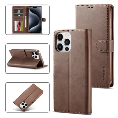 Obrázek produktu pro Pouzdro pro iPhone 15 Pro kožené flipové pouzdro s magnetickým uzávěrem a stojánkem, ochranné pouzdro hnědé