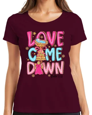 Produktbild von Love Come Down Jesus Krippe Engel Weihnachten Glitzer Pastell Damen T-Shirt, Burgundy, S